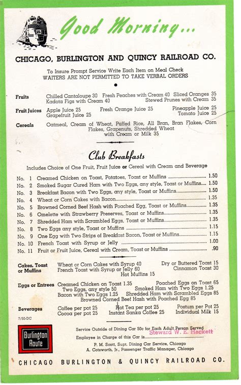 Chicago Burlington & Quincy Railroad Dining car menu | Vintage ads food, Vintage menu, Menu ...