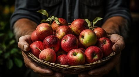 Premium AI Image | Harvesting Apples A Farmer Holding a Basket Full