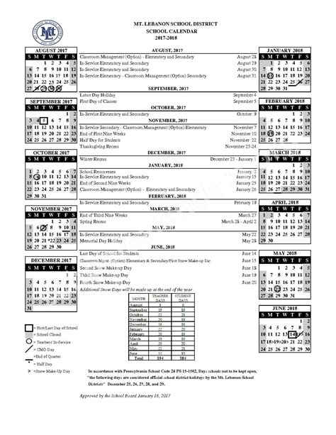 2017 - 2018 School Calendar | Mount Lebanon School District – Pittsburgh, PA