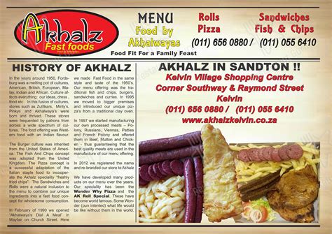 Menu at Akhalz Kelvin (Akhalwayas) restaurant, Johannesburg