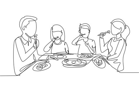 Single continuous line drawing family eating meal around kitchen table. Happy daddy, mom and two ...