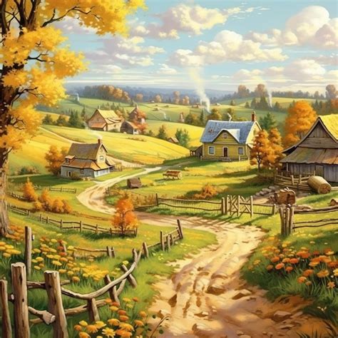 Premium AI Image | A painting of a village with a road leading to the village.