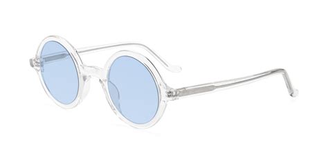 Clear Narrow Retro-Vintage Round Tinted Sunglasses with Light Blue Sunwear Lenses - Chaplin