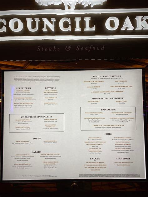 Menu at Council Oak Steaks & Seafood steakhouse, Cincinnati, Broadway