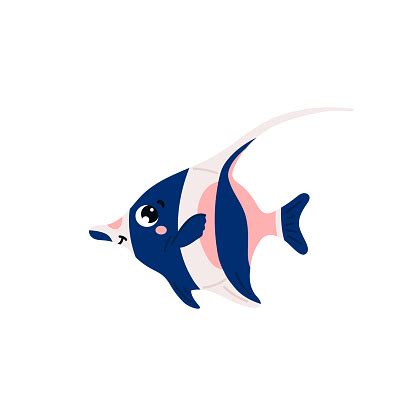 Cute Angelfish With Cartoon Smiling Face Flat Vector Illustration Isolated On White Background ...