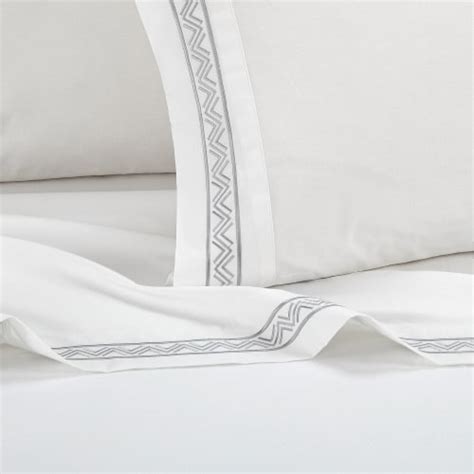 4 Piece Orden Organic Cotton Sheet Set Solid White With Dual Stripe Embroidery grey queen, queen ...