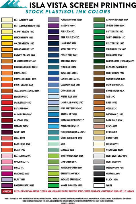 Ink Color Chart — Isla Vista Screen Printing & Embroidery