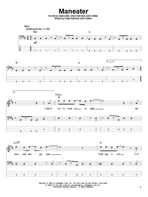 Maneater by Hall & Oates Sheet Music for Bass Guitar Tab at Sheet Music ...