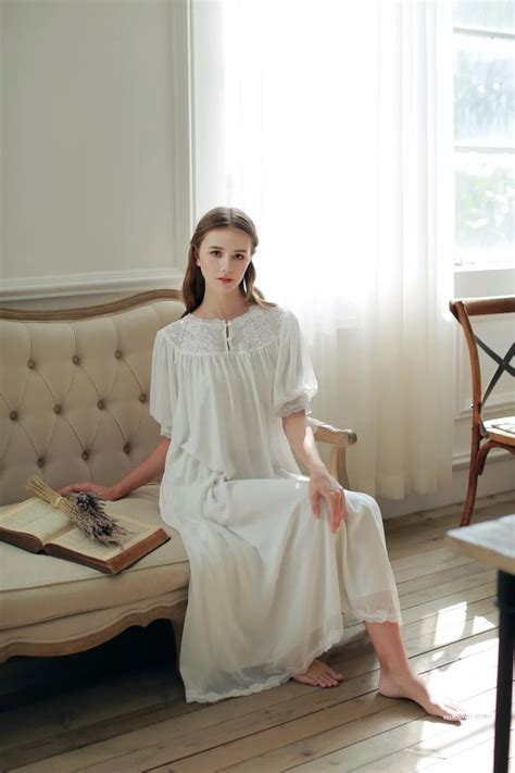 Free Shipping 2016 New Summer Princess Women's White Nightgown Long Sleepwear Vintage Chiffon ...