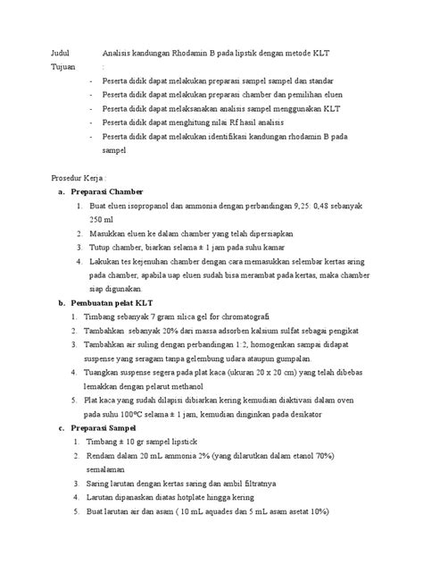 JudulAnalisis Kandungan Rhodamin B Pada Lipstik Dengan Metode KLT | PDF