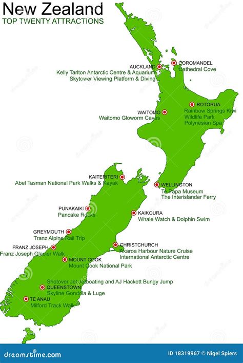 New Zealand Green Vector Map - Top 20 Attractions Royalty Free Stock Photography - Image: 18319967