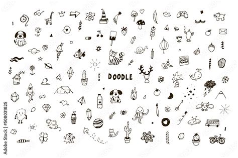 Grafika wektorowa Stock: Funny doodles: animals, plants, camping, science vector illustrations ...