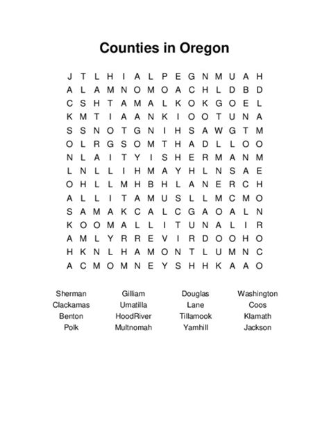 Counties in Oregon Word Search
