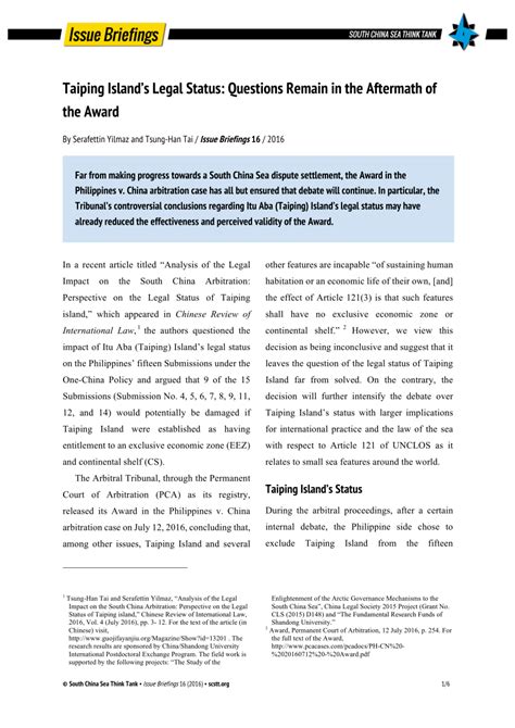 (PDF) Taiping Island’s Legal Status: Questions Remain in the Aftermath ...