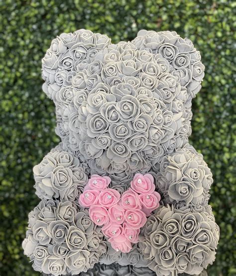 Rose Teddy Bear - Grey With PINK Heart