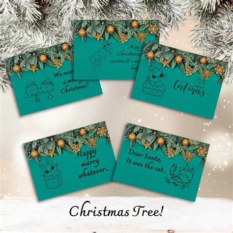 Cat Christmas Cards Printable and Foldable. Five Different Designs on Christmas Tree Background ...