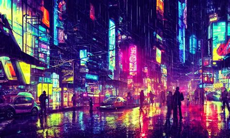 a cyberpunk street scene with neon lights, raining, | Stable Diffusion