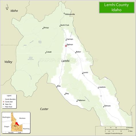 Map of Lemhi County, Idaho showing cities, highways & important places ...