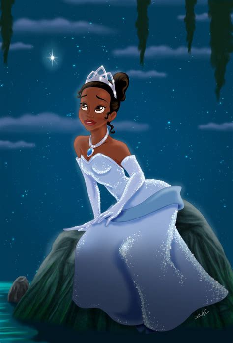 the princess and the frog is sitting on top of a rock in front of water