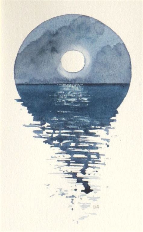 a watercolor painting of a full moon rising over the ocean with ...