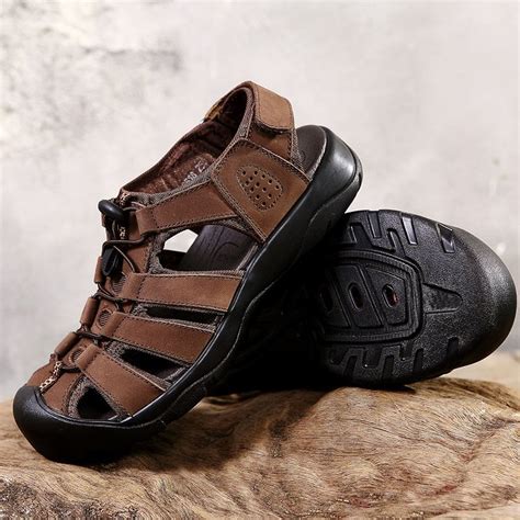 Men Closed Toe Hollow Hool Loop Outdoor Leather Sandals | Mens closed toe sandals, Leather ...