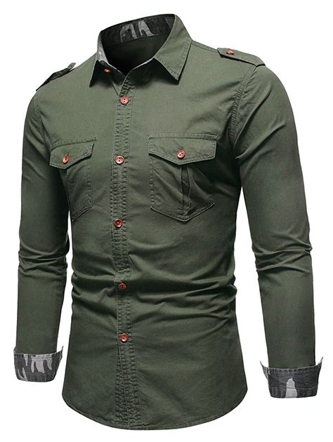 [28% OFF] 2021 Camo Trim Button Up Cargo Shirt In ARMY GREEN | DressLily