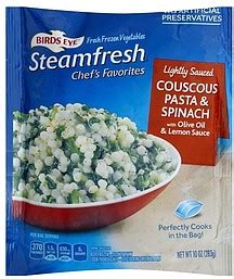 Birds Eye Couscous Pasta & Spinach Lightly Sauced 10.0 oz Nutrition Information | ShopWell
