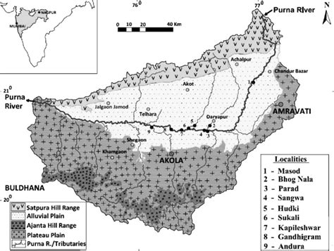 Geological map of the Purna River basin, showing tephra-bearing ...