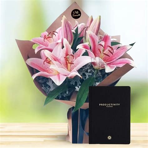 Bouquet of Pink Lilies & Productivity Planner