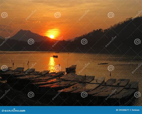 Sunset on the Mekong River in Laos Stock Image - Image of boats, luang ...