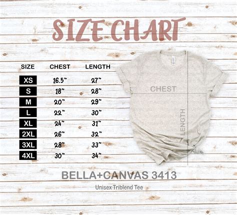 Bella Canvas 3413 Size Chart Bella Canvas Size Chart | Etsy