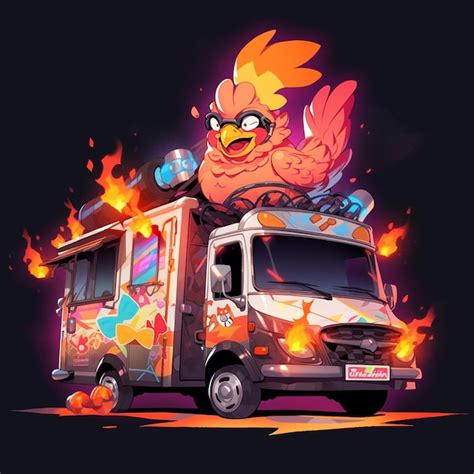 Premium Photo | A cartoon drawing of a chicken on a bus with flames on the top.