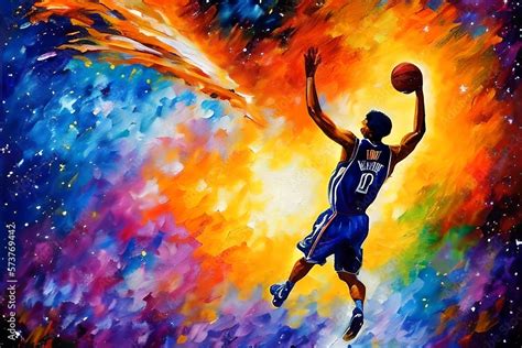 an expressive oil painting of a basketball player dunking, depicted as an explosion of a nebula ...