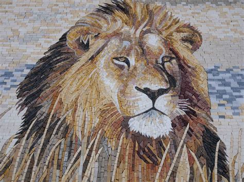 Fierce Lion - Marble Mosaic Mural