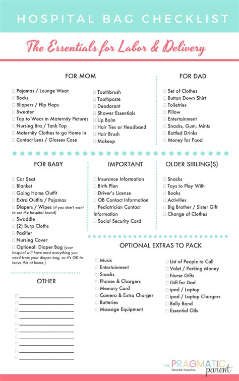 Printable Labor & Delivery Packing Hospital Bag Checklist