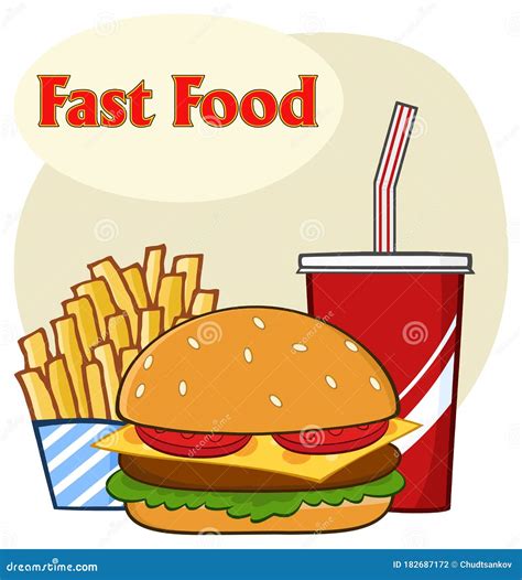 Fast Food Hamburger Drink and French Fries Cartoon Drawing Simple Design Stock Vector ...