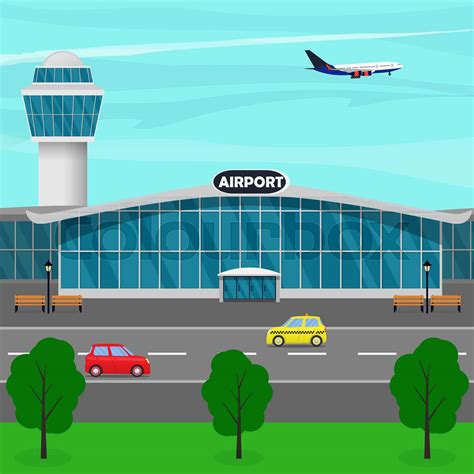 Airport terminal building, control tower, plane taking off, taxi drives ...