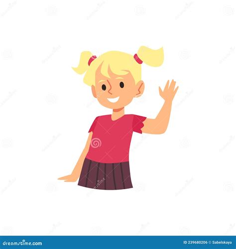 Girl with Pigtails Wave Hello, Childcare Cartoon Character. Little Kid ...