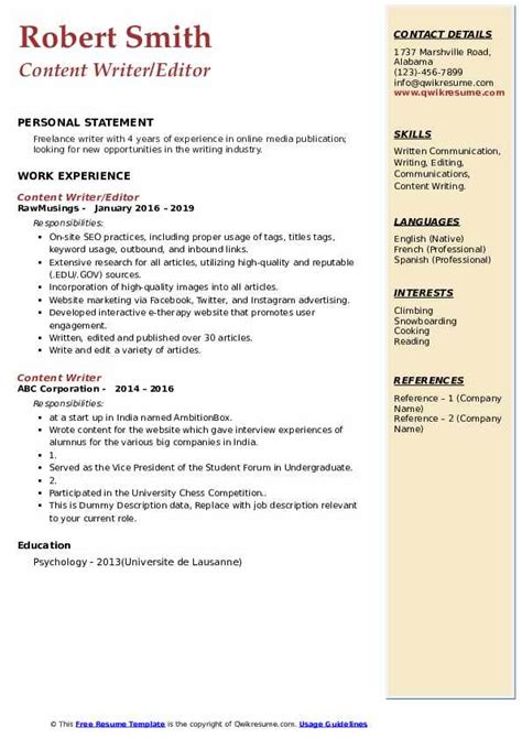 Content Writer Resume Samples | QwikResume