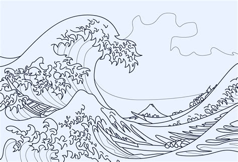 Desenho Para Colorir Da Grande Onda De Kanagawa Vetor Png Desenho Do Tsunami Contorno Do ...