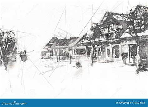 Wooden Architecture of Zakopane at Day, Poland, Illustration Art Drawing Sketch Stock ...