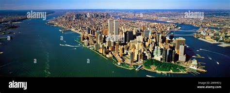 Aerial view of Manhattan with Twin Towers, New York City, USA Stock ...