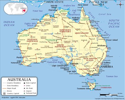 Australia Map With Countries, Australian States, Capitals, Cities, Roads And Water Features ...