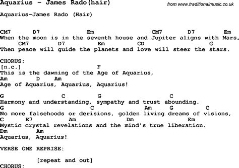 Song Aquarius by James Rado(hair), song lyric for vocal performance ...