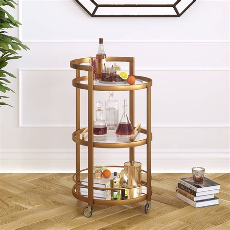 Contemporary Rolling Bar Cart with Wheels, Mirrored Shelves, Round ...