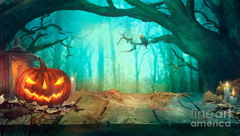 Halloween with Pumpkins and Dark Forest Photograph by Mythja Photography - Pixels