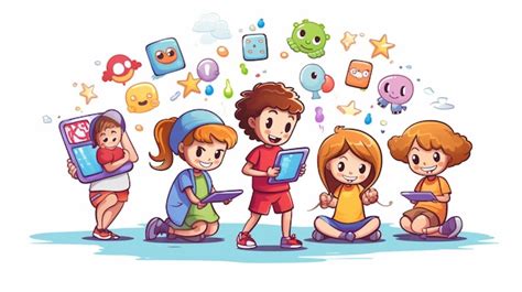 Premium Vector | A cartoon of kids playing with a computer