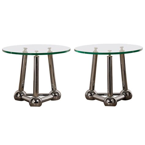 Pair of Vintage French Chrome Atomic End Tables with Glass Tops, circa 1970 For Sale at 1stdibs