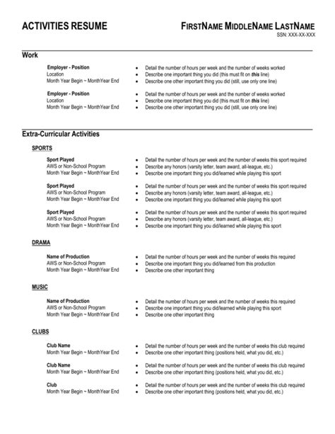 Activities Resume Template