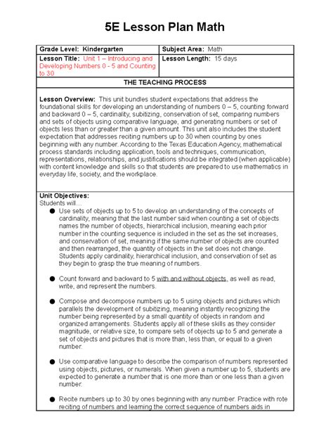 Unit 1 Option 3 - 5E Lesson Plan Math Grade Level: Kindergarten Subject ...